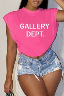 Rose Red Casual Street Print Letter O Neck T-Shirts