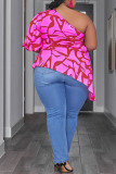 White Casual Print Bandage Hollowed Out Patchwork Asymmetrical Oblique Collar Plus Size Tops