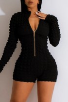 Black Casual Solid Patchwork Zipper Collar Skinny Rompers
