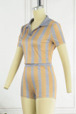 Tangerine Sexy Striped Print Bandage Patchwork Backless Turndown Collar Short Sleeve Two Pieces