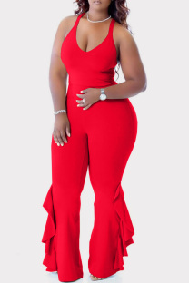 Red Sexy Casual Solid Backless V Neck Skinny Jumpsuits