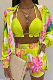 Fluorescent Green Sexy Casual Print Solid Basic Long Sleeve Three Piece Set
