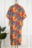 Orange Casual Print Patchwork Cardigan Collar Tops