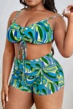 Green Sexy Print Cosplay V Neck Plus Size Swimsuit Three Piece Set (With Paddings)