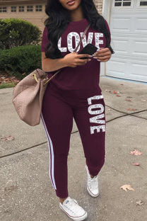 Burgundy Casual Letter Print Basic O Neck Short Sleeve Two Pieces