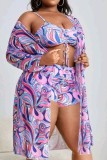 Purple Sexy Print Cosplay V Neck Plus Size Swimsuit Three Piece Set (With Paddings)