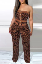 Dark Brown Sexy Street Print Patchwork Strapless Straight Jumpsuits