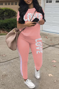 Pink Casual Letter Print Basic O Neck Short Sleeve Two Pieces