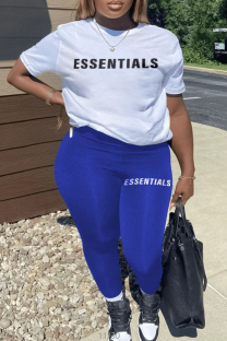 Blue Casual Print Letter O Neck Plus Size Two Pieces