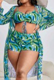 Purple Sexy Print Cosplay V Neck Plus Size Swimsuit Three Piece Set (With Paddings)