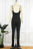 Black Casual Street Solid Patchwork Spaghetti Strap Skinny Jumpsuits