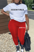 Red Casual Print Letter O Neck Plus Size Two Pieces