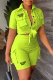 Fluorescent Green Casual Street Print Letter Turndown Collar Short Sleeve Two Pieces