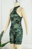 Red Casual Solid Camouflage Print Basic Turtleneck Skinny Romper