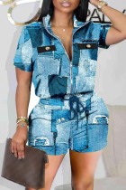 The cowboy blue Casual Print Patchwork Zipper Collar Short Sleeve Two Pieces