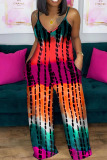 Red Casual Street Print Patchwork Spaghetti Strap Plus Size Jumpsuits