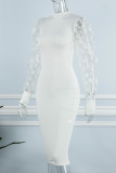 White Elegant Solid Patchwork See-through Half A Turtleneck Pencil Skirt Dresses