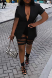 Black Sexy Solid Ripped Turndown Collar Short Sleeve Two Pieces