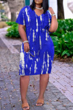 Blue Casual Print Patchwork Pocket V Neck Printed Dress Plus Size Dresses