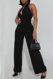 Black Elegant Solid Patchwork Buckle With Belt Turndown Collar Straight Jumpsuits