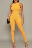 Yellow Casual Solid Basic O Neck Skinny Jumpsuits
