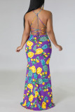 Purple Sexy Print Patchwork Backless Trumpet Mermaid Dresses
