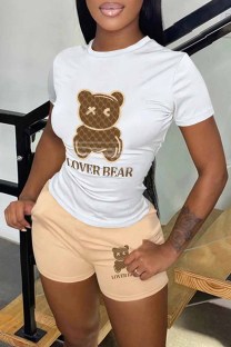 White Khaki Casual Print Letter O Neck Short Sleeve Two Pieces