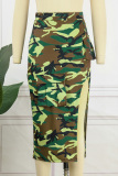 Khaki Casual Camouflage Print Slit Regular High Waist Conventional Full Print Skirts