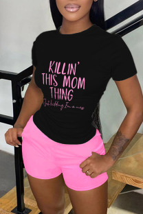 Pink Black Casual Print Patchwork O Neck Short Sleeve Two Pieces