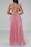 Pink Sexy Solid Patchwork Backless Fold V Neck Straight Dresses