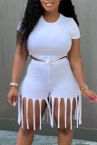 White Casual Solid Tassel Patchwork O Neck Plus Size Two Pieces