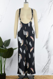 Black Casual Print Patchwork Spaghetti Strap Regular Jumpsuits (Without Shirt)