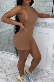 Blue Sexy Casual Solid Backless Halter Skinny Romper