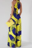 Yellow Casual Print Hollowed Out O Neck Regular Jumpsuits