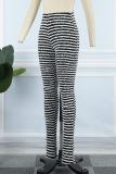 Black Casual Striped Patchwork Regular High Waist Conventional Patchwork Trousers