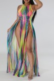 Multicolor Sexy Print Slit Swimsuit Three Piece Set