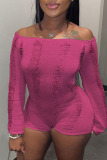 Pink Sexy Solid Hollowed Out Patchwork See-through Off the Shoulder Skinny Rompers