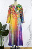 Rainbow Color Vintage Elegant Print Patchwork V Neck Straight Dresses