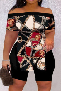 Black Red Casual Print Slit Off the Shoulder Short Sleeve Two Pieces