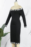 Black Elegant Print Patchwork Off the Shoulder One Step Skirt Dresses