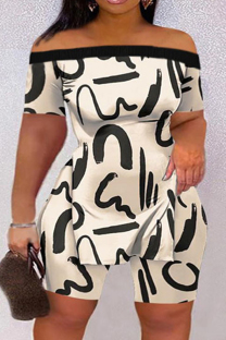Milky Casual Print Slit Off the Shoulder Short Sleeve Two Pieces