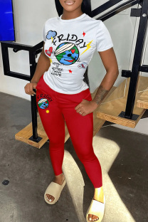 Red Casual Print Basic O Neck Short Sleeve Two Pieces