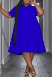 Blue Casual Solid Basic Turndown Collar Short Sleeve Dress Plus Size Dresses