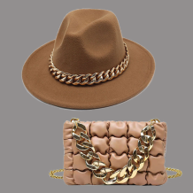 Khaki Street Celebrities Patchwork Chains Hat（Hat+Bag）