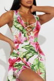 Green Sexy Casual Print Patchwork Slit V Neck Skinny Rompers