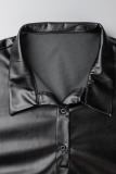 Black Street Solid Bandage Patchwork Slit Turndown Collar Plus Size Tops