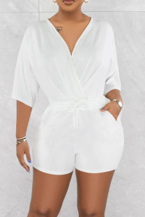 White Casual Solid Patchwork V Neck Straight Rompers