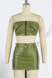 Army Green Sexy Solid Patchwork Slit Zipper Strapless Sleeveless Two Pieces