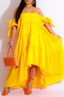 Yellow Casual Solid Patchwork Asymmetrical Off the Shoulder Straight Dresses