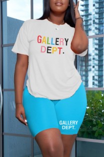 Blue White Casual Letter Print Basic O Neck Short Sleeve Two Pieces